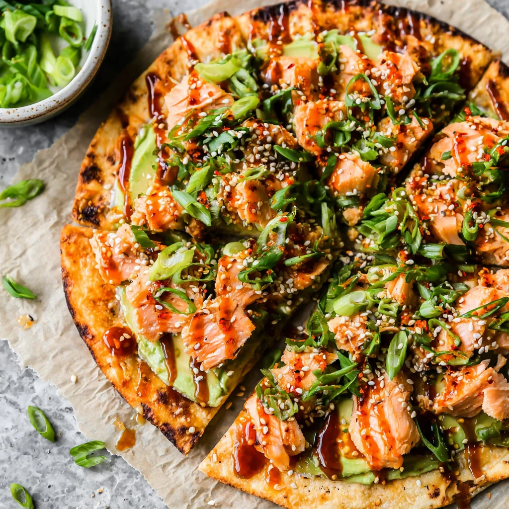 Spicy Salmon Sushi Pizza on Tortilla