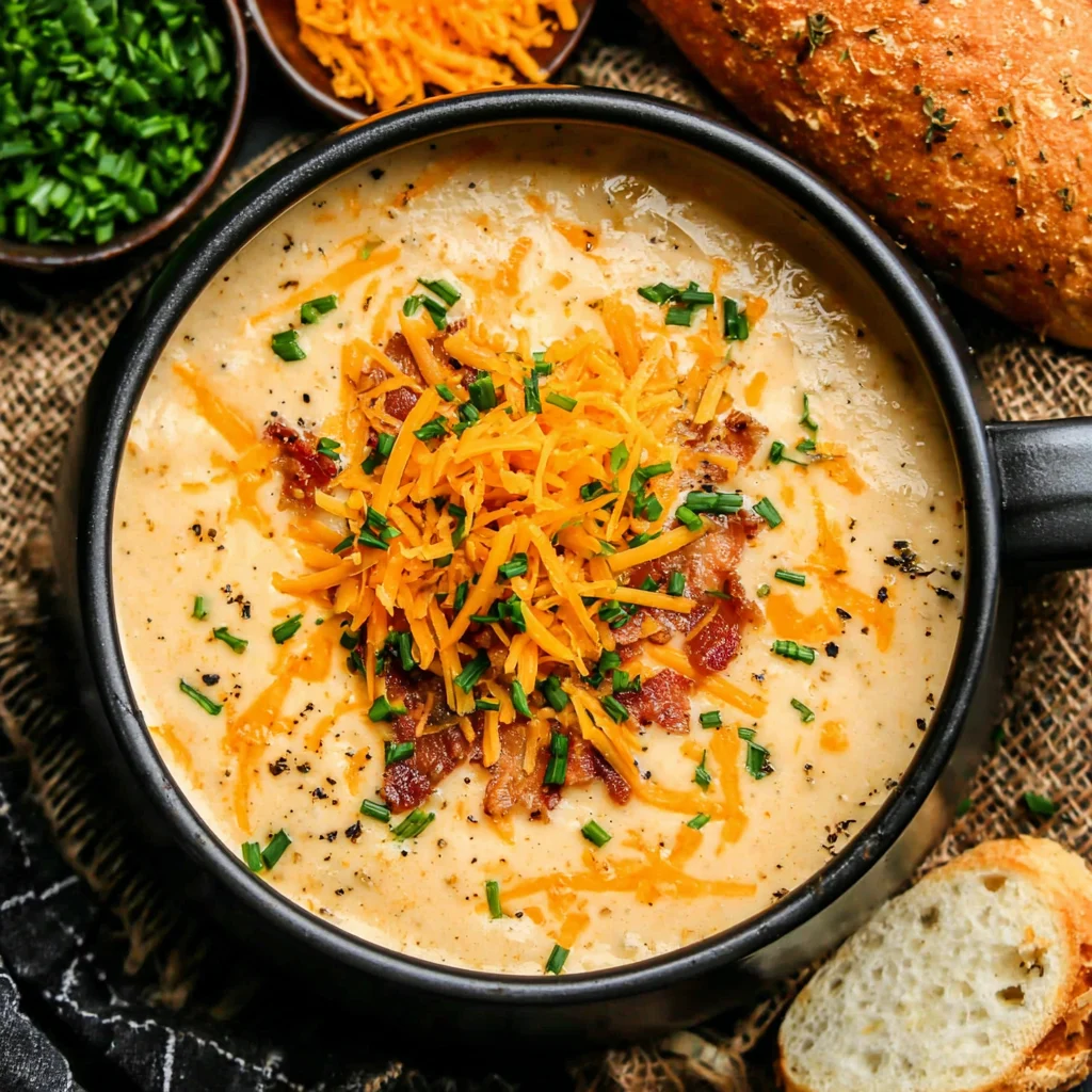 Creamy loaded potato soup served in white bowls with bacon bits, shredded cheese and green onions on top